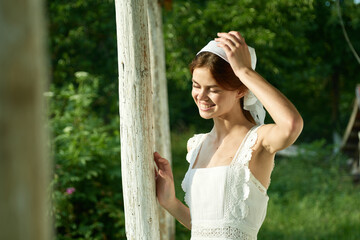 Woman in white dress countryside village nature ecology