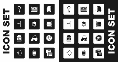 Set Diamond, Medieval flag, Old key, Wooden barrel, Antique treasure chest, Ancient coin and castle gate icon. Vector