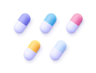 Set of color medical pills. 3d vector icon. Cartoon minimal style. Medical capsule and drugs. Healthcare and medicine concept.