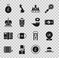 Set Elegant women hat, Location England, Pound sterling money, British crown, Big Ben tower, Money bag with pound and Smoking pipe icon. Vector