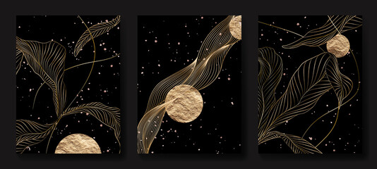 Luxury black gold botanical background. Art linear modern design for interior decoration, prints, textiles © VectorART