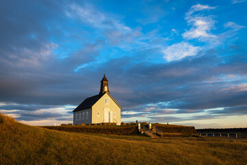 Fototapeta premium Strandkirkja (Strandar kirkja) in south Iceland at sunset