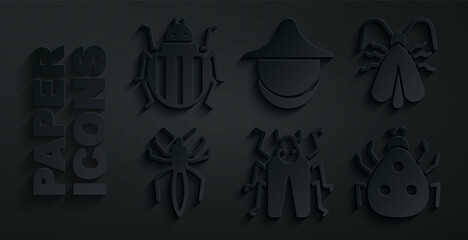 Set Beetle bug, Clothes moth, Spider, Ladybug, Beekeeper hat and Colorado beetle icon. Vector