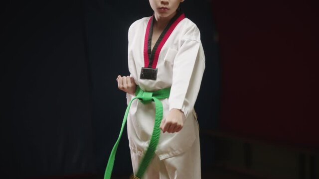 A little boy doing taekwondo - showing the kicks