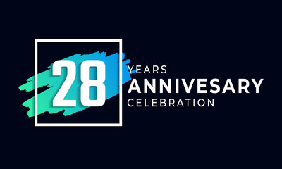 Fototapeta na wymiar 28 Year Anniversary Celebration with Blue Brush and Square Symbol. Happy Anniversary Greeting Celebrates Event Isolated on Black Background