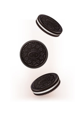 3d realistic vector icon. Falling oreo chocolate cookies. Isolated on white background.