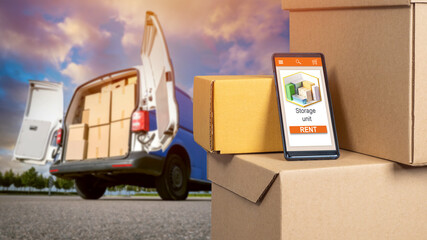 Rental Storage Units. Warehouse app with RENT button. Transportation of belongings to Storage...