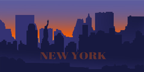 Fototapeta premium Silhouette of the night city of New York and the Statue of Liberty at sunset