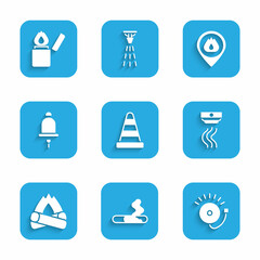 Set Traffic cone, Cigarette, Ringing alarm bell, Smoke system, Campfire, Location with flame and Lighter icon. Vector