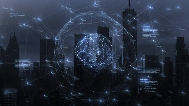 Connected Sphere Rotating over New York City Silhouette. Futuristic Rotating Earth with Line and Dot Animations Over Manhattan Skyscrapers  