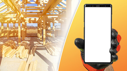 Construction mock up. Place for construction advertising. Smartphone with white screen. Phone...