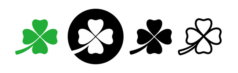 Four-leaf clover icons set. Good luck symbol. Attribute of the Irish Leprechaun. Isolated raster illustration on white background.