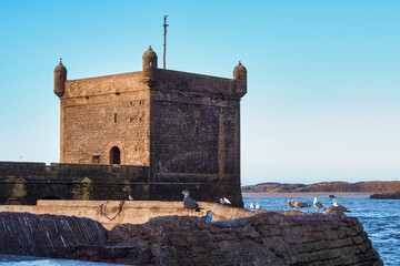 View of the old fortress of Essaouira on a sunny summer day at Essaouira, Morocco