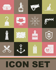 Set Pirate coin, Shield with pirate skull, Vintage pistols, Cannon, Location, hook, Sailor hat and Ship steering wheel icon. Vector