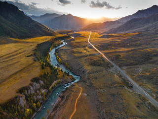 Chuya River Valley , winding river, Altai Republic, Siberia, Russia, aerial view from above.