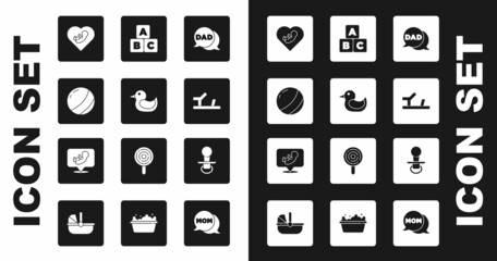 Set Speech bubble dad, Rubber duck, Beach ball, Baby inside heart, shoes, ABC blocks, dummy pacifier and icon. Vector