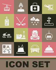 Set Winter hat, Ski lift, Road traffic signpost, First aid kit, Ice hockey sticks, Identification badge, Cable car and Cloud with snow icon. Vector