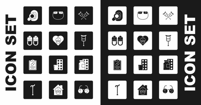 Set Crutch or crutches, Grandmother, Slippers, Hearing aid, Eyeglasses, Pills blister pack and Medical prescription icon. Vector