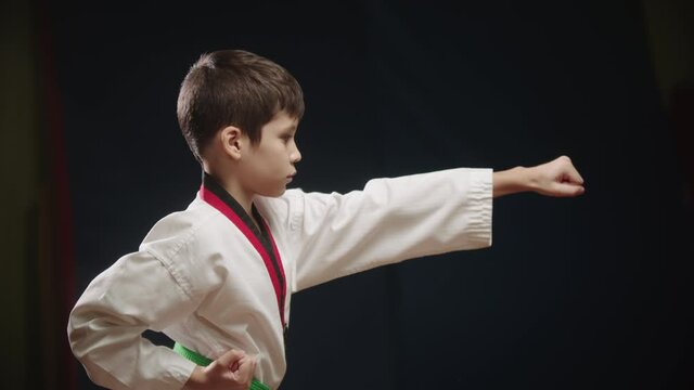 A little boy doing taekwondo - showing a move with his arm