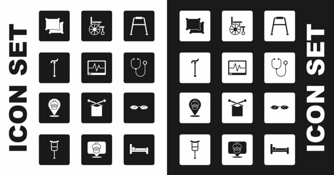 Set Walker, Monitor with cardiogram, Walking stick cane, Pillow, Stethoscope, Wheelchair, Eyeglasses and Nursing home icon. Vector