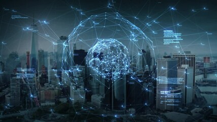 Connected Sphere Rotating over New York City Skyline Silhouette. Futuristic Rotating Earth of Line and Dot Animations Over Manhattan Skyscrapers   - Powered by Adobe