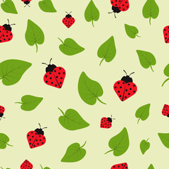 Cute ladybug and green leaf vector seamless pattern