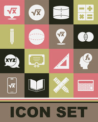 Set Calculator, Function mathematical symbol, Mathematics sets A and B, Geometric figure Cylinder, Sphere, Pencil, Square root of x glyph and icon. Vector