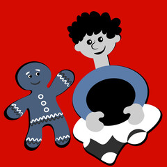 the boy sits cross-legged and smiles at the gingerbread man. Design element