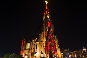 Fototapeta na wymiar Canela, Rio Grande do Sul, Brazil, March 2019 - night view of Catedral de Pedra (Stone Cathedral), a famous church at Canela