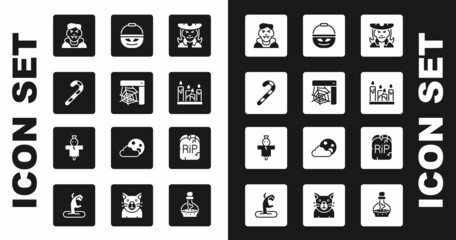 Set Witch, Spider web, Christmas candy cane, Vampire, Burning candle, Pumpkin basket for sweets, Tombstone with RIP written and Scarecrow icon. Vector