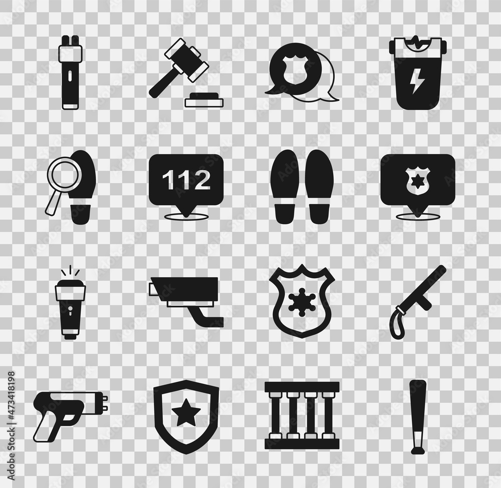 Sticker Set Baseball bat, Police rubber baton, badge, Telephone call 112, Footsteps, electric shocker and icon. Vector