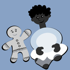 the boy sits cross-legged and smiles at the gingerbread man. Design element