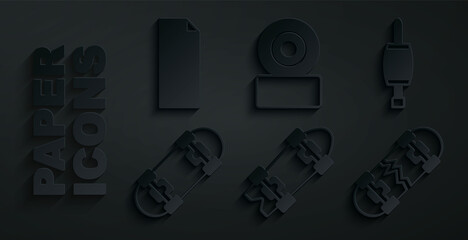 Set Longboard or skateboard, Screwdriver, Skateboard, Broken, wheel and Grip tape icon. Vector