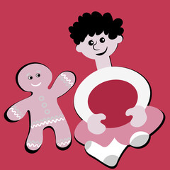 the boy sits cross-legged and smiles at the gingerbread man. Design element