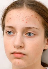 face of a teenage girl with pimples, acne on the skin, portrait of a teen girl