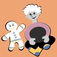 the boy sits cross-legged and smiles at the gingerbread man. Design element