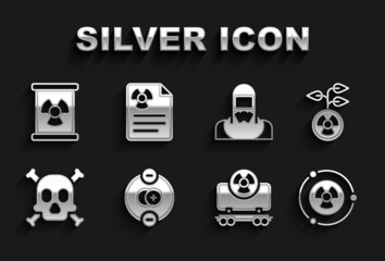Set Atom, Radioactive, cargo train, Bones and skull warning, Nuclear reactor worker, waste barrel and Radiation document icon. Vector
