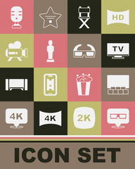 Set 3D cinema glasses, Cinema auditorium with screen, Smart Tv, Director movie chair, Movie trophy, Retro camera, Microphone and icon. Vector