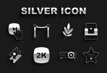 Set 2k Ultra HD, Cinema chair, Walk of fame star, Movie, film, media projector, ticket, trophy, Online play video and Rope barrier icon. Vector