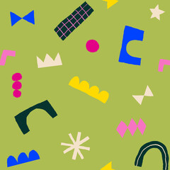 Modern trendy collage with cut out elements. Abstract background with hand drawn doodle shapes.