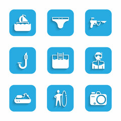 Fototapeta premium Set Swimming pool with ladder, Surfboard, Photo camera, Wetsuit for scuba diving, Jet ski, Snorkel, Fishing harpoon and Yacht sailboat icon. Vector