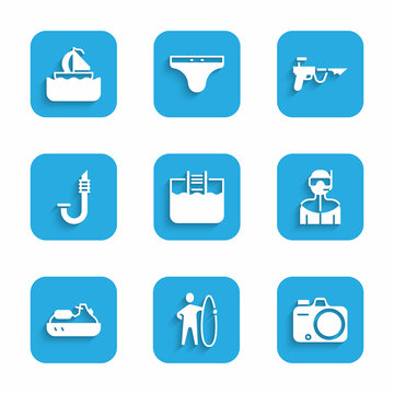 Set Swimming pool with ladder, Surfboard, Photo camera, Wetsuit for scuba diving, Jet ski, Snorkel, Fishing harpoon and Yacht sailboat icon. Vector