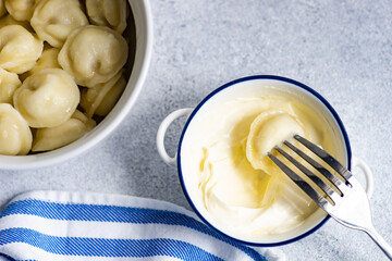 Russian pelmeni served ina bowl