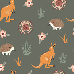 Obraz premium seamless pattern with Australian animals and plants and flowers, for kids design