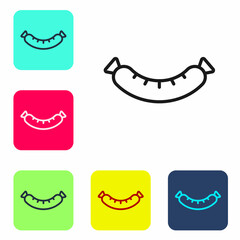 Black line Sausage icon isolated on white background. Grilled sausage and aroma sign. Set icons in color square buttons. Vector