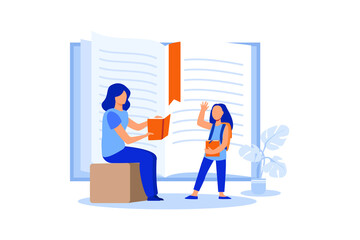 moms contribution to childerns education flat modern design illustration. Mother and child reading book