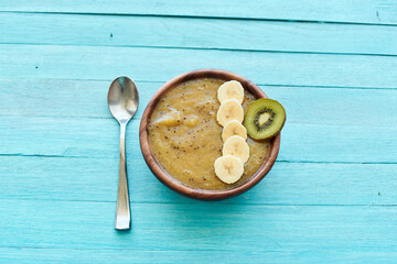 fruit dessert smoothie vitamins fresh delicacy blue background