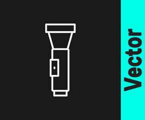 White line Flashlight icon isolated on black background. Vector