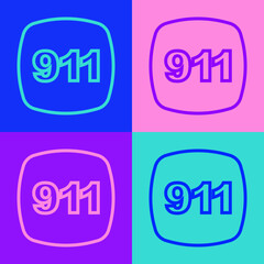 Pop art line Telephone with emergency call 911 icon isolated on color background. Police, ambulance, fire department, call, phone. Vector