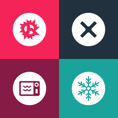 Set pop art Snowflake, Microwave oven, X Mark, Cross in circle and Bomb explosion icon. Vector